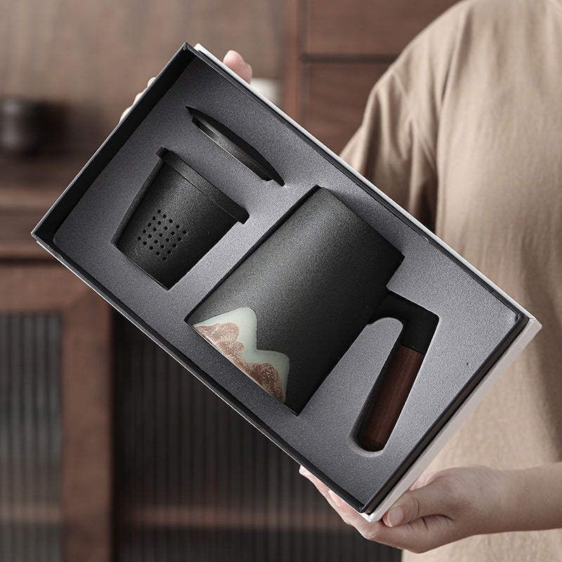 Glaze Painted Color Hand-painted Mug Wooden Handle Ceramic Tea Cup Water Cup With Lid Filter Three-piece Set Large For Office And Home