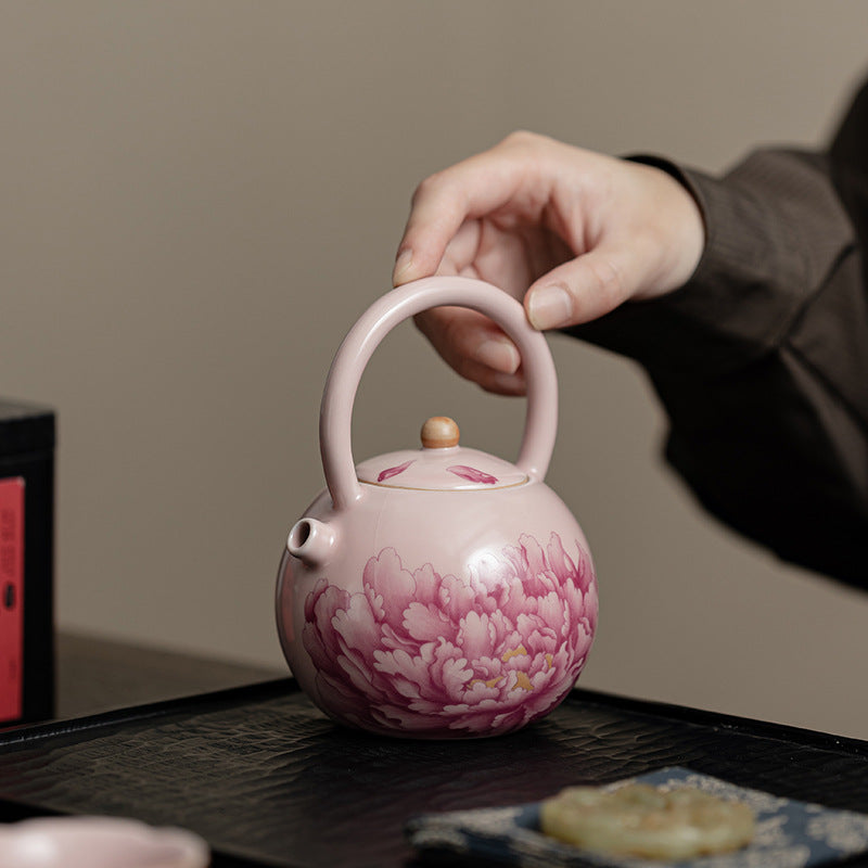 Pink Ru Kiln Peony Complete Coil Pot Opening Ceramic Tea Set Teapot Household Kung Fu Tea Set Teapot