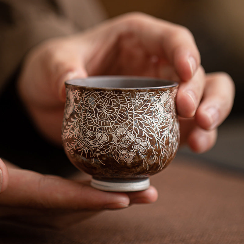Old Pottery Mud Flower Silver Big Belly Cup Household Ceramic Kung Fu Tea Set Tea Cup Tea Tasting Cup Small Size Master Cup Single Cup