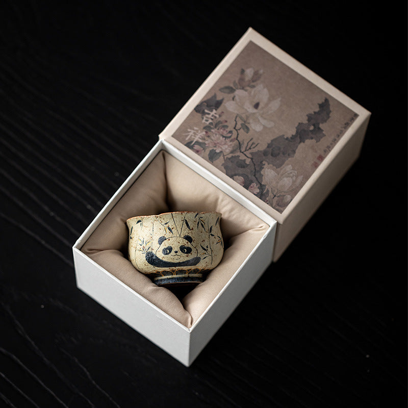 Blue And White Flint Red Panda Playing Bamboo Tea Cup Tea Cup Ceramic Household Personal Cup Tea Set Zen Meditation Cup Bud Cup