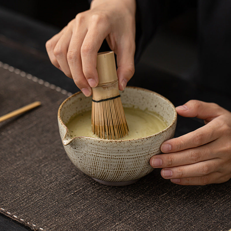 Tao Ye Matcha Set Eight-Piece Coarse Pottery Kiln Turned Ceramic Tea Bowl With Tea Whisk Stand Imitation Song Dynasty Tea Tools