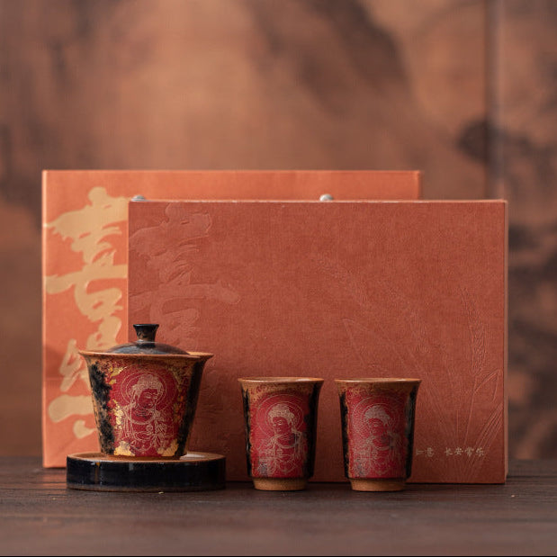 Dunhuang Cultural And Creative One Bowl Two Cups Gift Box Chinese Retro Covered Bowl Tea Cup Tea Set For Elders And Leaders Gifts