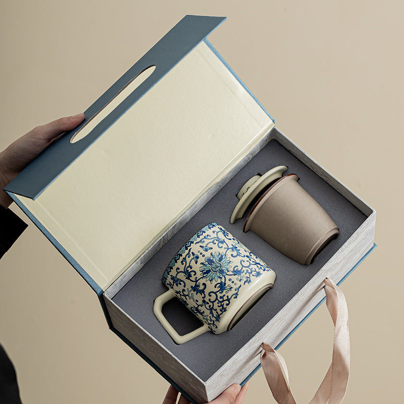 Ru Kiln Blue And White Blessed Office Water Cup Ceramic Cup Household Mug With Lid Special Tea Filter Cup Gift Box