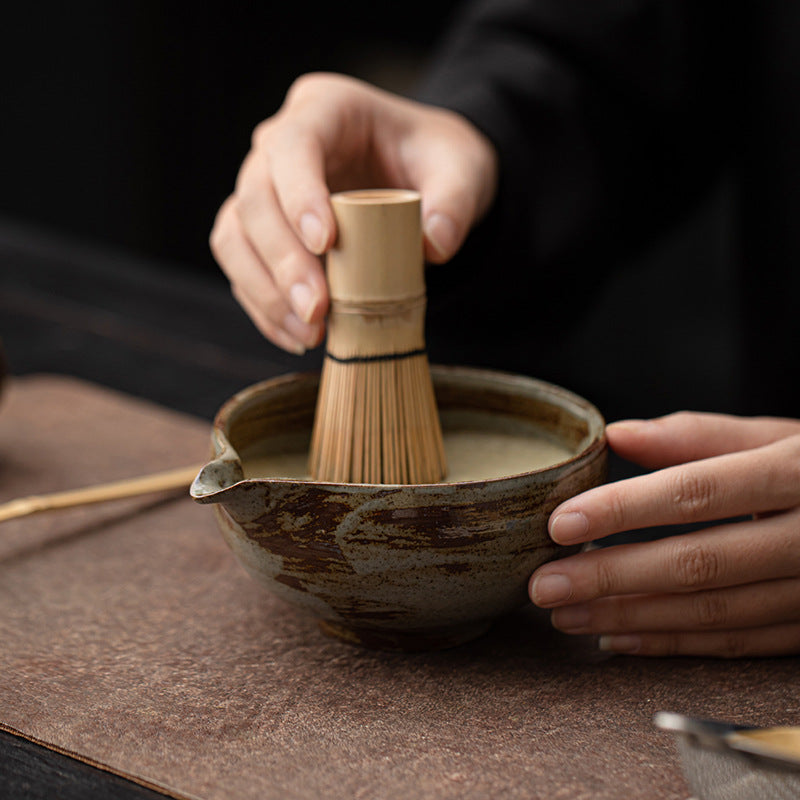 Ancient Pottery Crescent Moon Matcha Eight-Piece Set Japanese Retro Matcha Tea Making Tools Ceramic Tea Bowl Tea Brush Tea Whisk Stirring