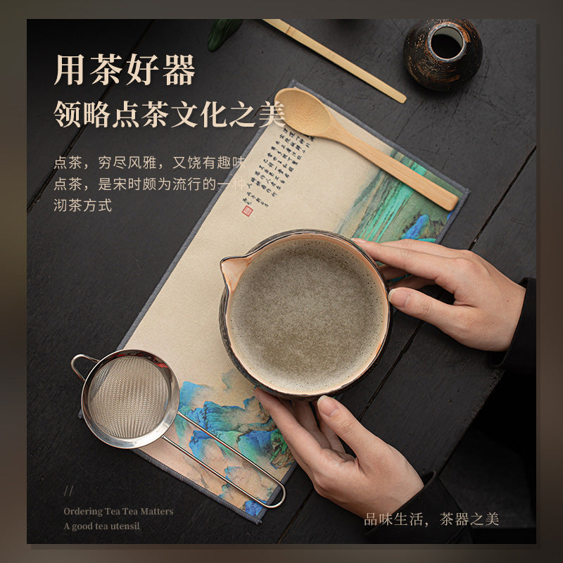 Matcha Eight-Piece Set Japanese Tea Tools Retro Ceramic Matcha Bowl Tea Whisk Stand Tea Brush Holder Powder Sieve Filter