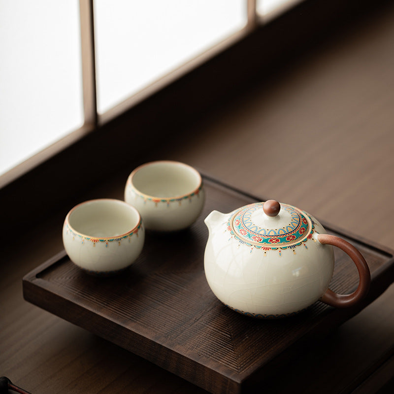 Ru Kiln Dunhuang Wenchuang Can Raised Tea Set Suit Home Office One Pot Two Cups Of Tea Group To Send Customers Accompanying Ceremony