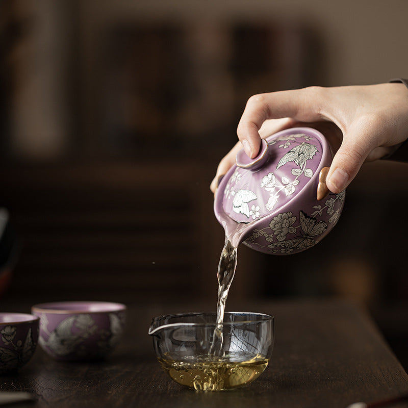 Purple Ru Silver Butterfly Love Blossom Ceramic Quick Cup Home Outdoor Car-Mounted One Pot Two Cups Portable Travel Tea Set