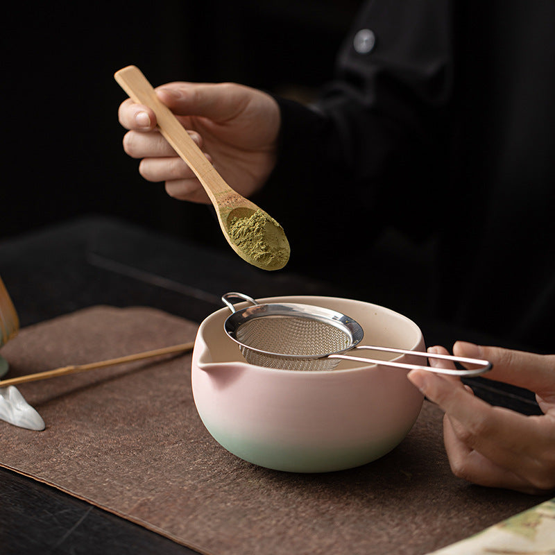 Gradient Pink And Green Matcha Eight-Piece Set, Matcha Bowl, Matcha Bowl, Song Dynasty Tea Making Tools, Ceramic Tea Whisk, 100-Piece Powder Sieve