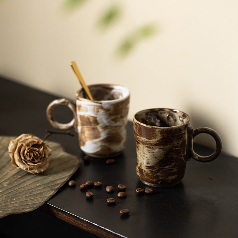 Handmade Stoneware Coffee Cup Japanese Style Retro Simple Ceramic Cup Creative Pull Flower Hanging Ear Mug Home Water Cup