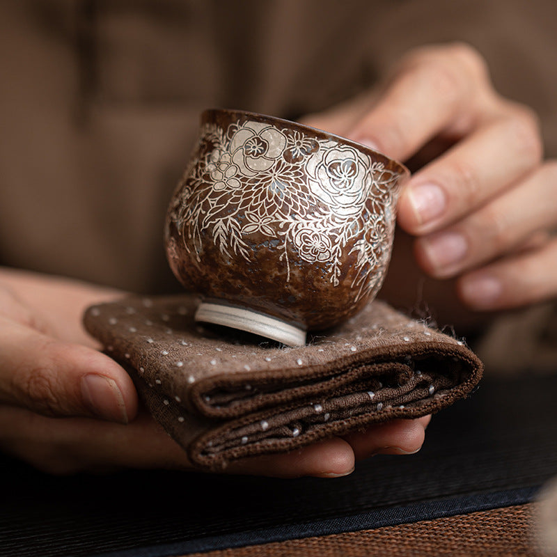 Old Pottery Mud Flower Silver Big Belly Cup Household Ceramic Kung Fu Tea Set Tea Cup Tea Tasting Cup Small Size Master Cup Single Cup