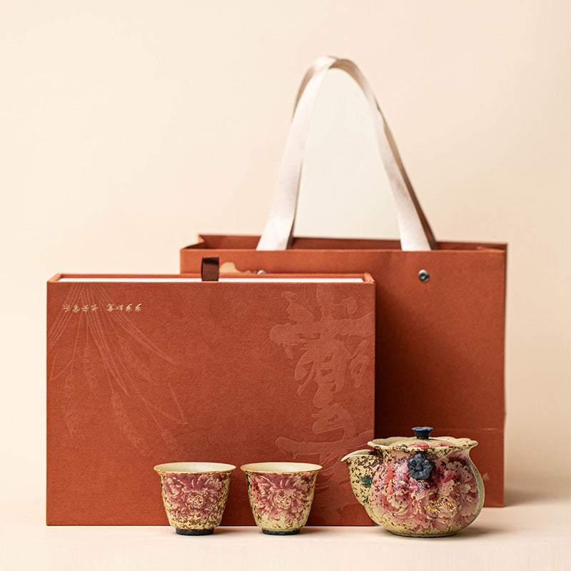 Blue And White Flintstone Red National Color Fragrant Tea Set With One Pot And Two Cups For Home Use Ceramic Hand-Held Pot And Tea Cup Gift Box For Gift Giving