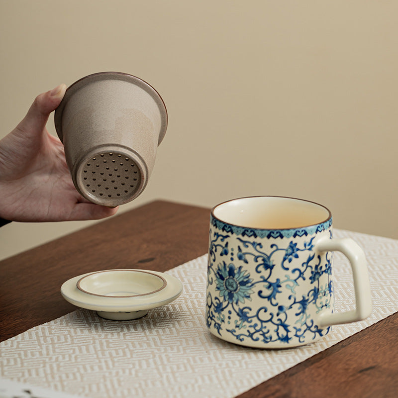 Ru Kiln Blue And White Blessed Office Water Cup Ceramic Cup Household Mug With Lid Special Tea Filter Cup Gift Box