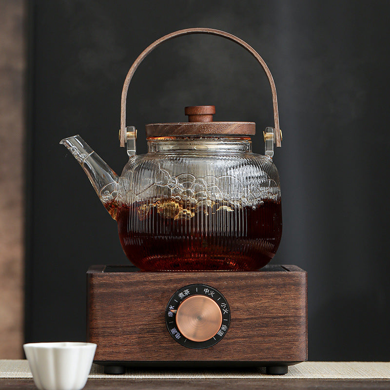 Walnut Knob Electric Ceramic Stove Vertical Pattern Glass Pot Tea Set Household Water Kettle Tea Maker Heating Tea Stove