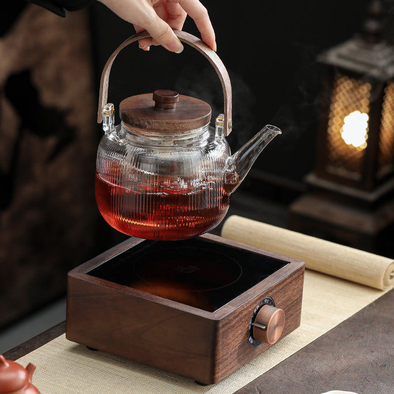 Walnut Knob Electric Ceramic Stove Vertical Pattern Glass Pot Tea Set Household Water Kettle Tea Maker Heating Tea Stove