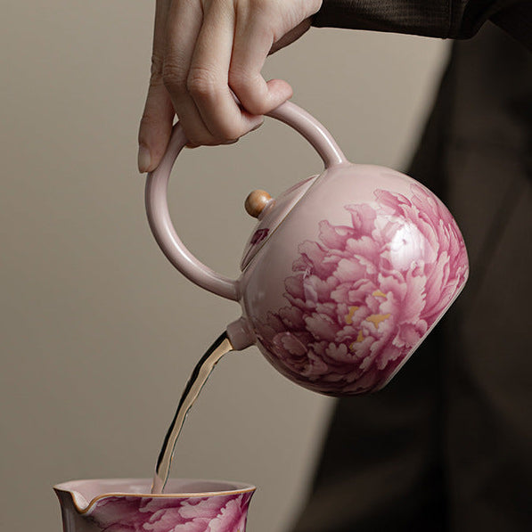 Pink Ru Kiln Peony Complete Coil Pot Opening Ceramic Tea Set Teapot Household Kung Fu Tea Set Teapot
