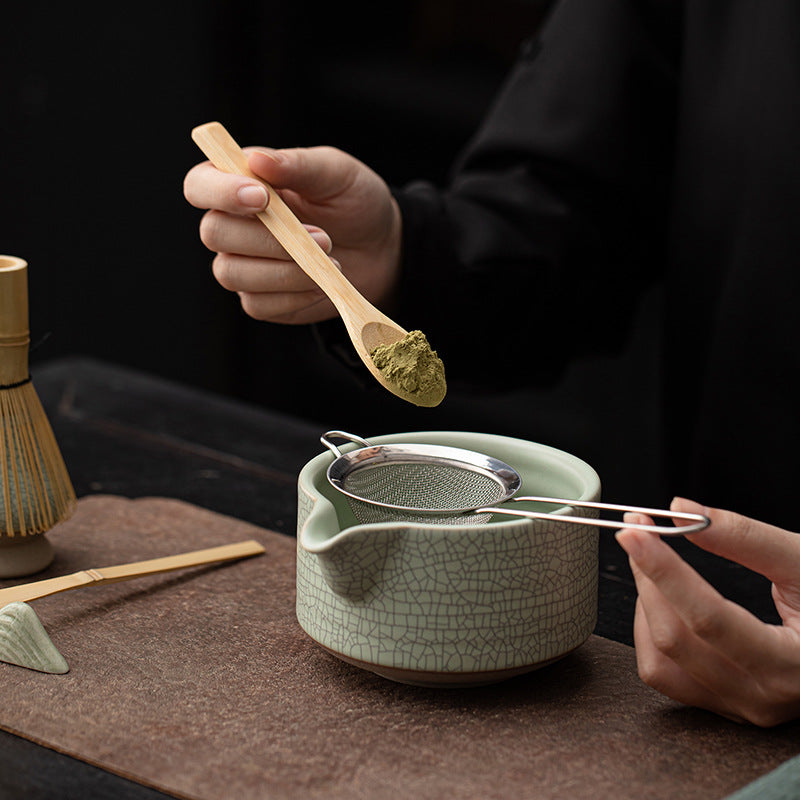 Ru Kiln Cracked Gold Line Matcha Eight-Piece Ceramic Japanese Tea Ceremony Tool Set With Ingenious Mouth Tea Bowl And Tea Whisk Stand