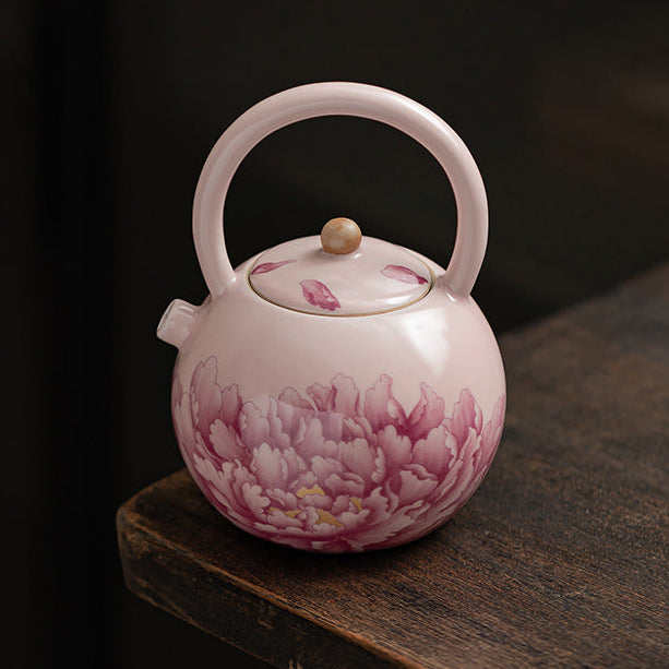 Pink Ru Kiln Peony Complete Coil Pot Opening Ceramic Tea Set Teapot Household Kung Fu Tea Set Teapot