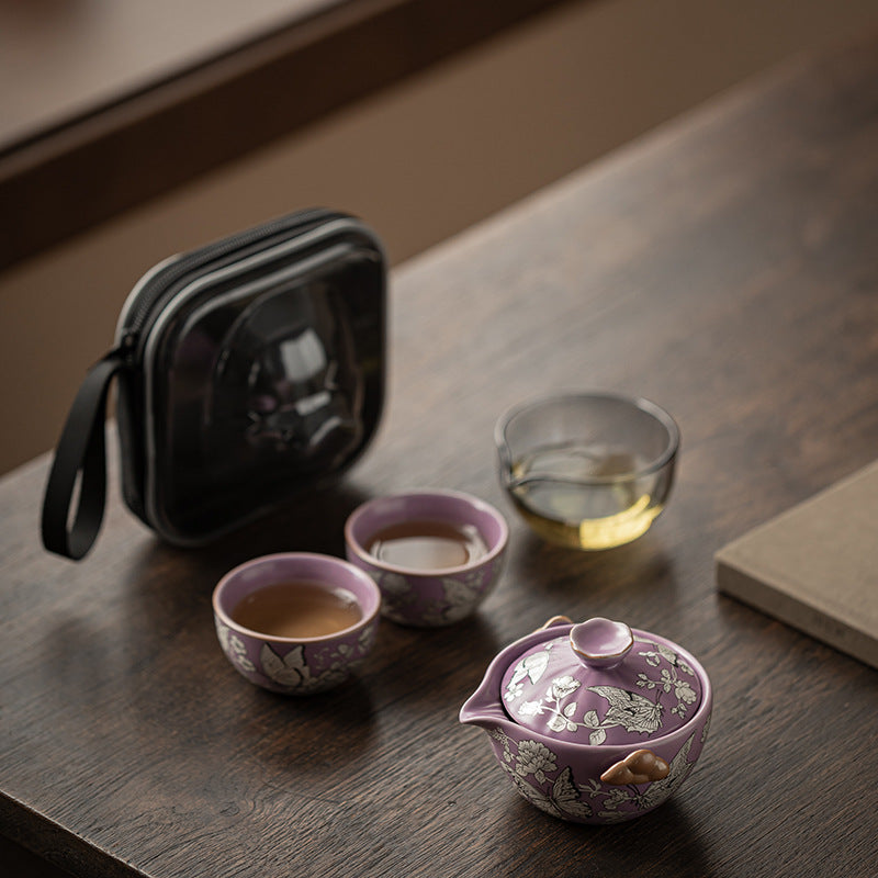 Purple Ru Silver Butterfly Love Blossom Ceramic Quick Cup Home Outdoor Car-Mounted One Pot Two Cups Portable Travel Tea Set