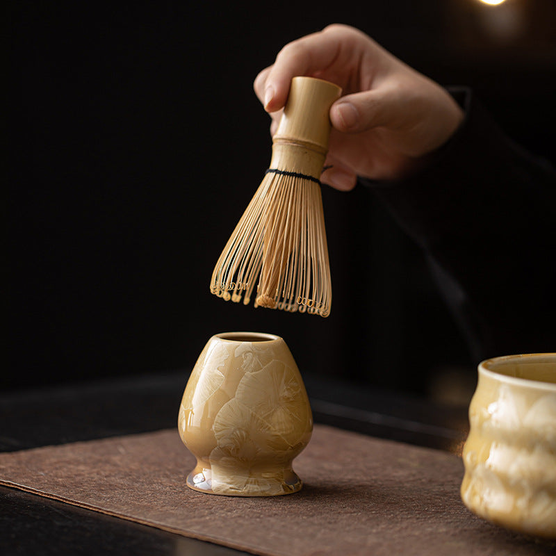 Four-Piece Set Of Song Dynasty Tea Ceremony Ceramics With Kiln-Crystallized Glaze, Ice Flower Matcha, Tea Bowl, Tea Whisk, Tea Brush, And Tea Spoon