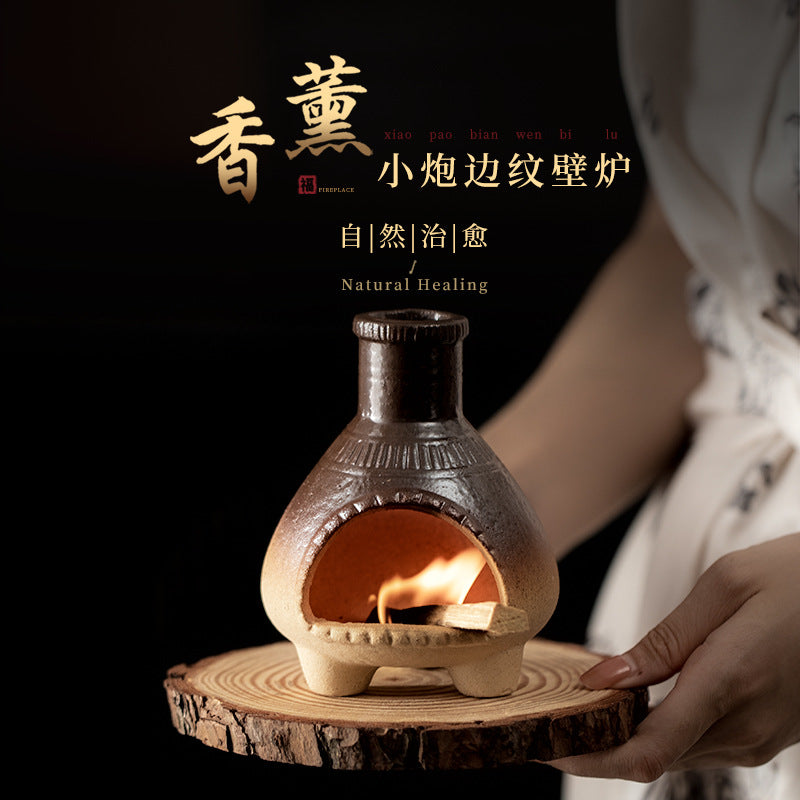 Small Cannon Edge Pattern Aromatherapy Fireplace Stoneware Ancient Pattern Atmosphere Incense Burner Ornaments Sacred Wood Cedar Sage Burning Stove