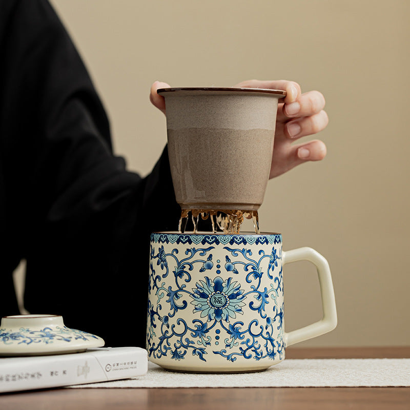 Ru Kiln Blue And White Blessed Office Water Cup Ceramic Cup Household Mug With Lid Special Tea Filter Cup Gift Box