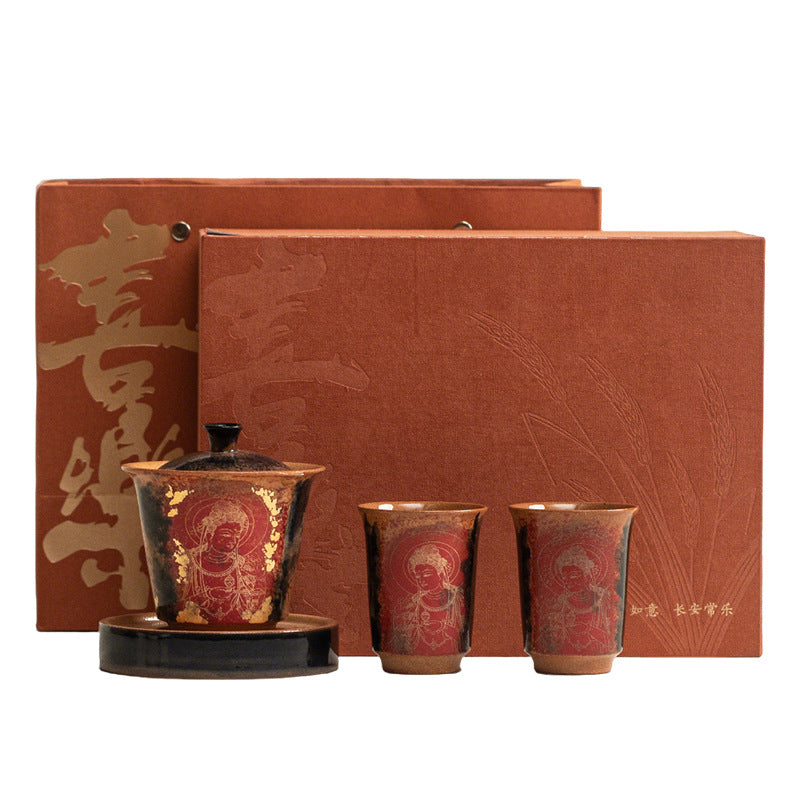 Dunhuang Cultural And Creative One Bowl Two Cups Gift Box Chinese Retro Covered Bowl Tea Cup Tea Set For Elders And Leaders Gifts