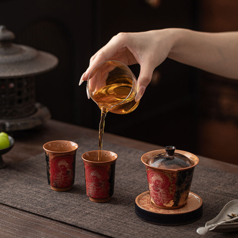 Dunhuang Cultural And Creative One Bowl Two Cups Gift Box Chinese Retro Covered Bowl Tea Cup Tea Set For Elders And Leaders Gifts