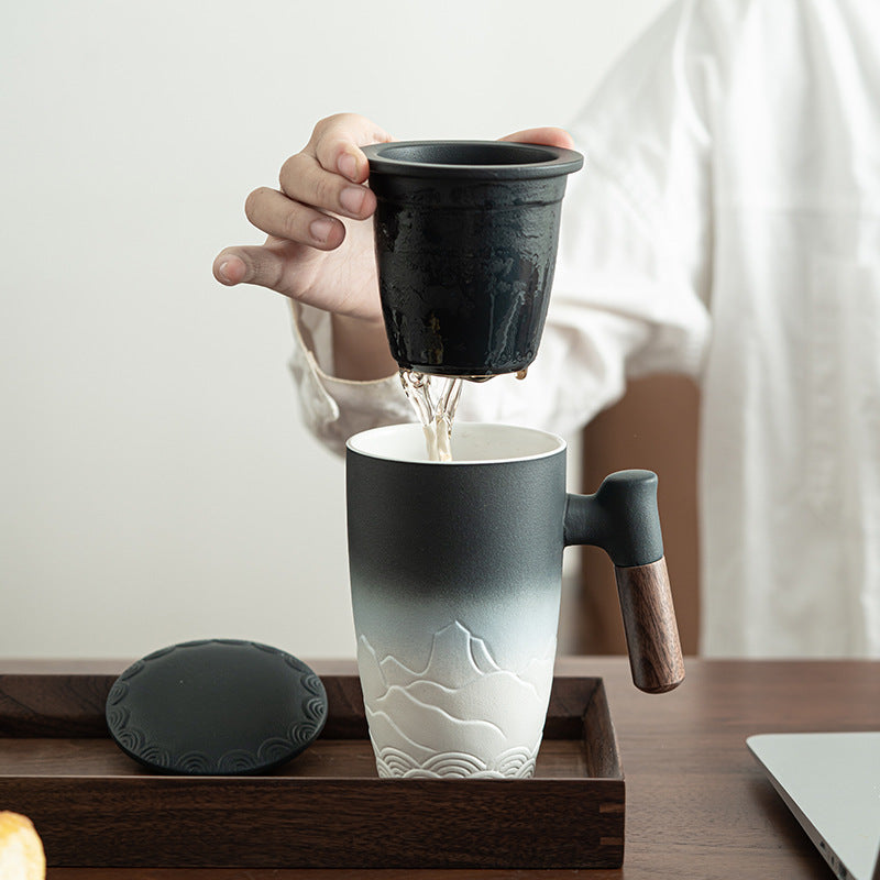 Japanese-style Shangyue Office Cup Ceramic Cup Mug Wooden Handle With Lid Tea Separation Soaking Cup Large Capacity Drinking Cup