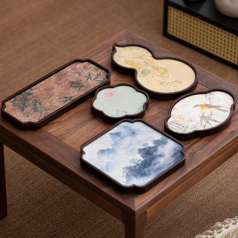 Cloud Silk Double Bamboo Tray Chinese-Style Dry Bubble Tray Home Retro Tea Tray Retro Square Tea Tray Waterproof Pot Holder