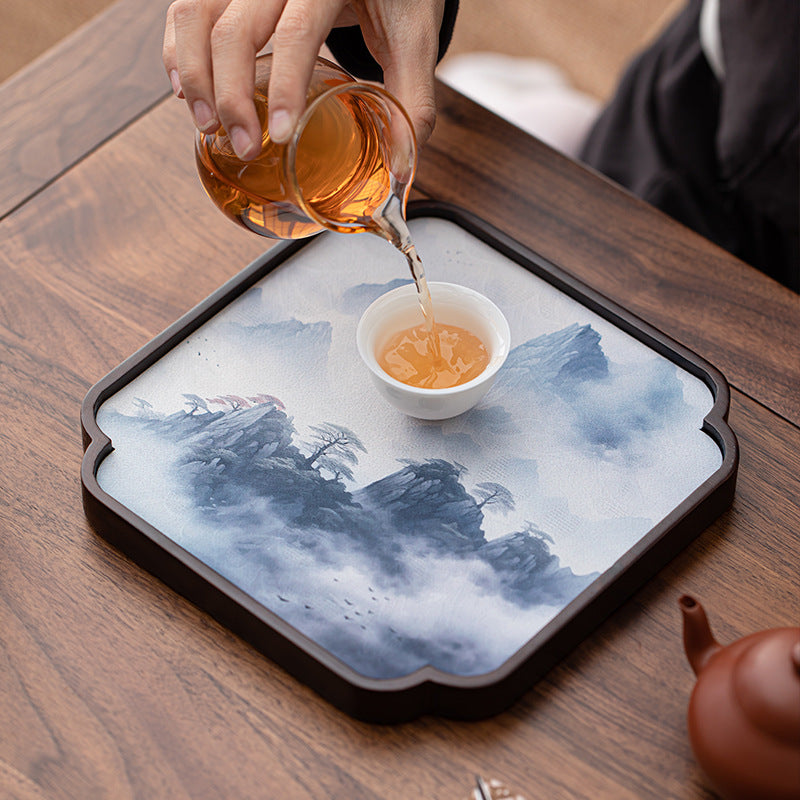 Cloud Silk Double Bamboo Tray Chinese-Style Dry Bubble Tray Home Retro Tea Tray Retro Square Tea Tray Waterproof Pot Holder