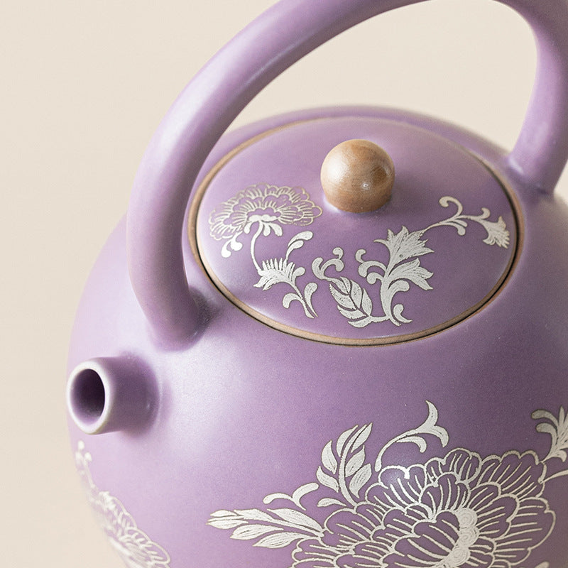 Purple Rugilt Silver Peony Wrapping Branch Lotus Complete Coil Pot Household Ceramic Tea Pot Opening Single Pot Gift Box