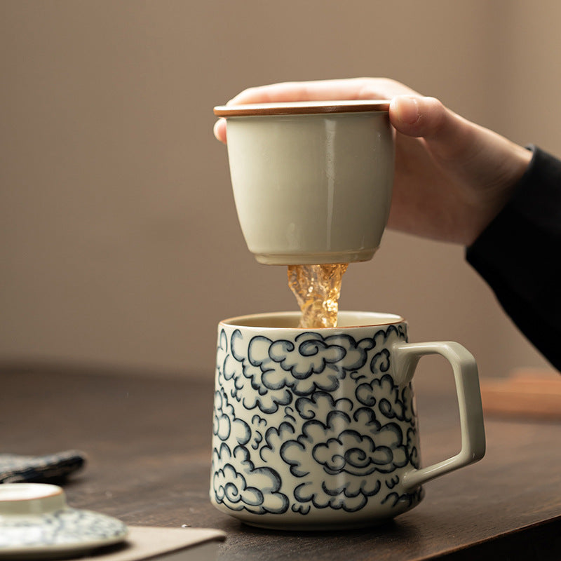 Ru Kiln Xiangyun Office Cup Household Ceramic Mug Personal Drinking Cup Opening Film Tea Water Separation Cup