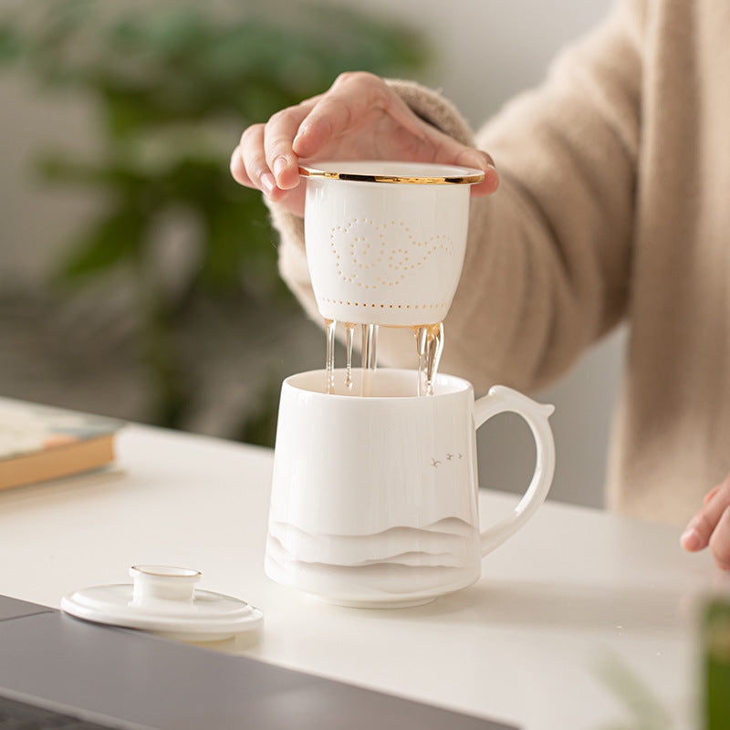 Dehua Sheepskin Jade Ceramic Tea Cup Household Office Tea Separation Tea Brewing Mug Office Cup Drinking Cup