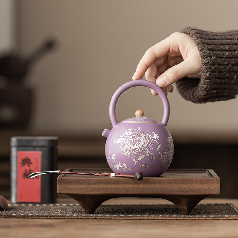 Purple Rugilt Silver Peony Wrapping Branch Lotus Complete Coil Pot Household Ceramic Tea Pot Opening Single Pot Gift Box