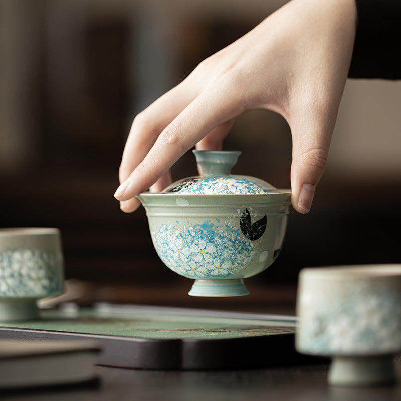 Hand-Painted Oncidium One Bowl Two Cups Tea Set Chinese Style Creative Tea Set Outdoor Camping Portable Travel Tea Set