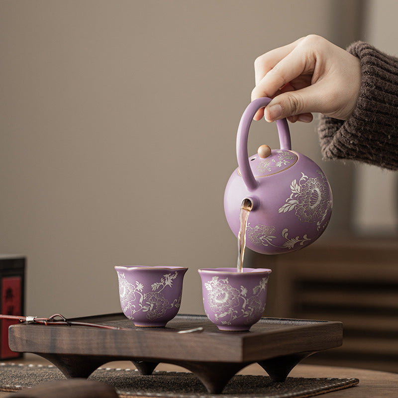Purple Rugilt Silver Peony Wrapping Branch Lotus Complete Coil Pot Household Ceramic Tea Pot Opening Single Pot Gift Box