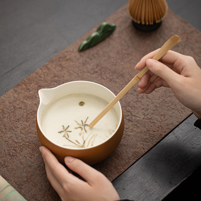 Ancient Style Matcha Four-Piece Set Imitating Song Dynasty Kiln-Change Ceramic Tea Ceremony Matcha Bowl, Tea Whisk, Tea Spoon, And Tea Strainer