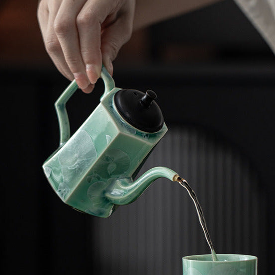 Ice Flower Blue Kiln Crystallized Hexagonal Teapot Kung Fu Tea Set Teapot Household Ceramic Filter Handheld Pot Gift Box