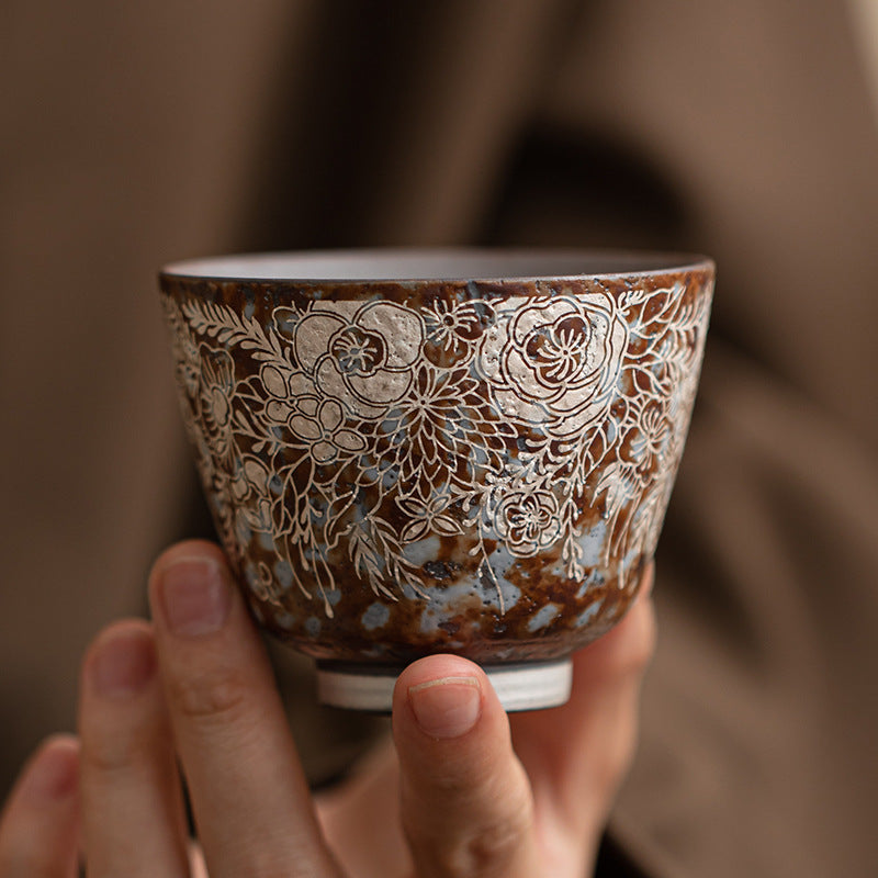 Old Rock Mud Flower Gilt Silver Agarwood Cup Vintage Stoneware Tea Cup Kung Fu Tea Set Tea Cup Large Master Cup Single Cup