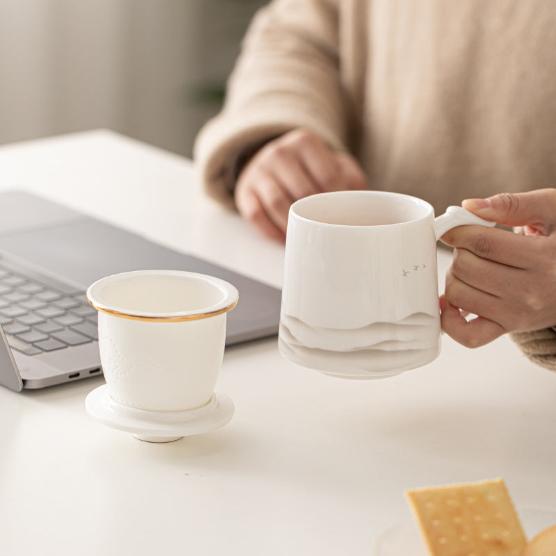 Dehua Sheepskin Jade Ceramic Tea Cup Household Office Tea Separation Tea Brewing Mug Office Cup Drinking Cup